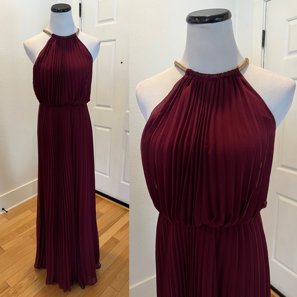 Bariano Melissa burgundy pleated maxi dress gown bridesmaid wedding formal S